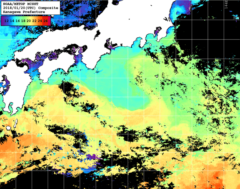 NOAA、MetOp 人工衛星画像 検索結果, 水温分布を図示
