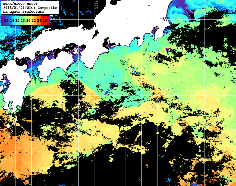 NOAA、MetOp 人工衛星画像 検索結果, 水温分布を図示