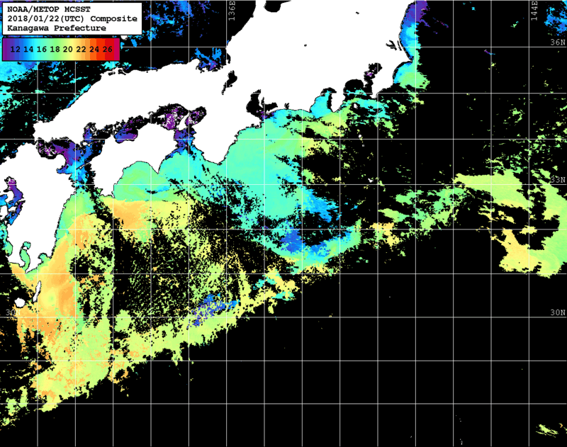 NOAA、MetOp 人工衛星画像 検索結果, 水温分布を図示