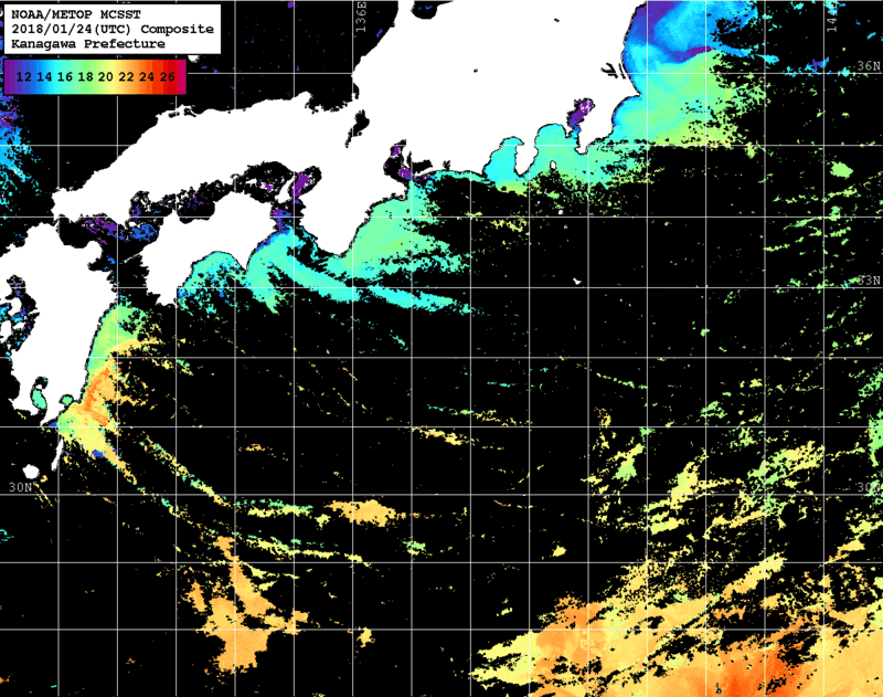 NOAA、MetOp 人工衛星画像 検索結果, 水温分布を図示