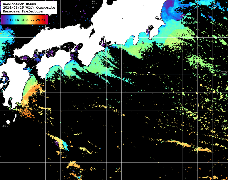 NOAA、MetOp 人工衛星画像 検索結果, 水温分布を図示