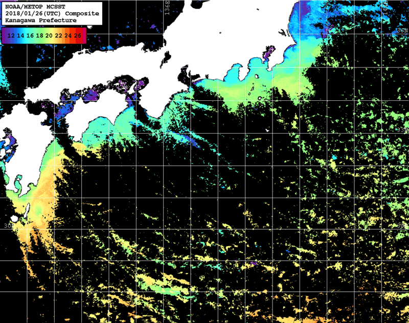 NOAA、MetOp 人工衛星画像 検索結果, 水温分布を図示