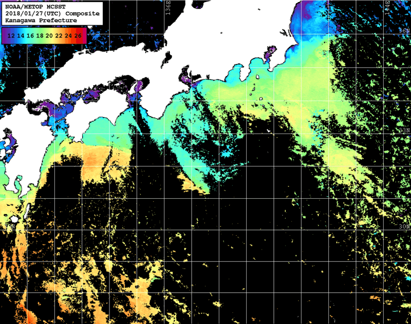 NOAA、MetOp 人工衛星画像 検索結果, 水温分布を図示