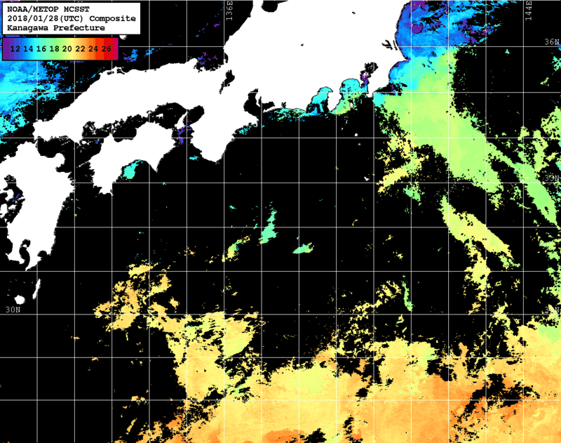 NOAA、MetOp 人工衛星画像 検索結果, 水温分布を図示