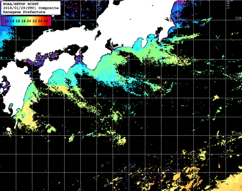NOAA、MetOp 人工衛星画像 検索結果, 水温分布を図示