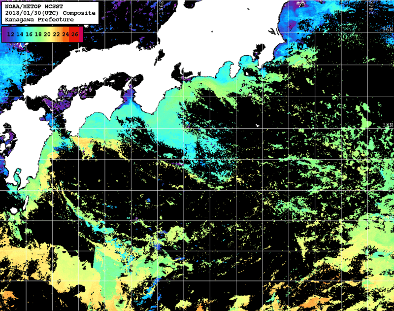 NOAA、MetOp 人工衛星画像 検索結果, 水温分布を図示