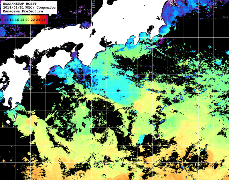 NOAA、MetOp 人工衛星画像 検索結果, 水温分布を図示