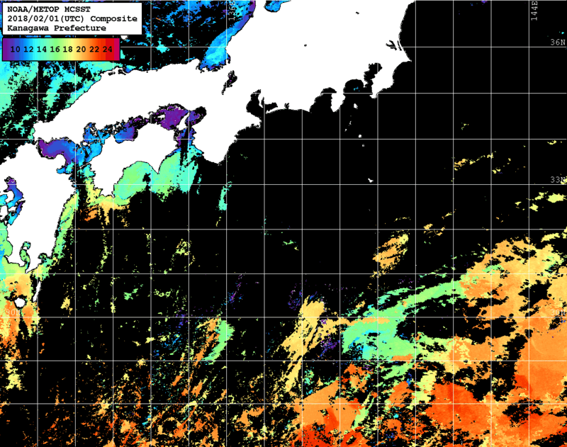 NOAA、MetOp 人工衛星画像 検索結果, 水温分布を図示