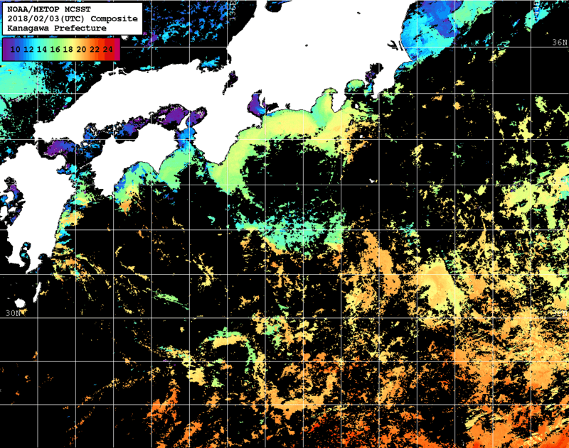 NOAA、MetOp 人工衛星画像 検索結果, 水温分布を図示