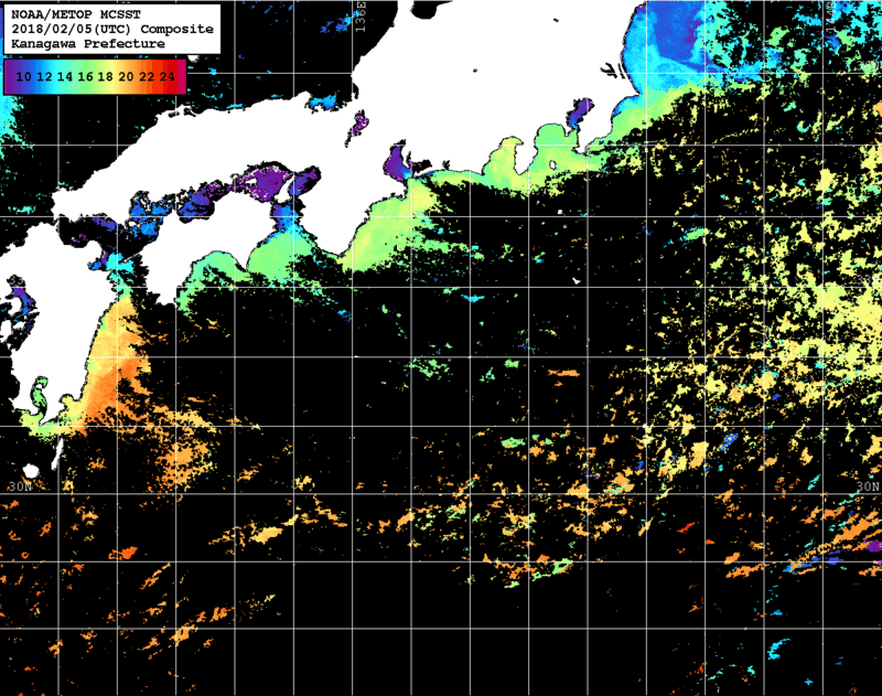 NOAA、MetOp 人工衛星画像 検索結果, 水温分布を図示