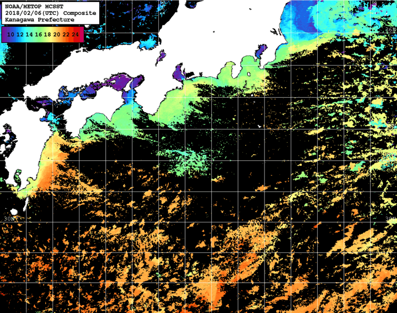 NOAA、MetOp 人工衛星画像 検索結果, 水温分布を図示