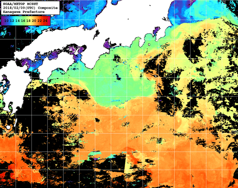 NOAA、MetOp 人工衛星画像 検索結果, 水温分布を図示