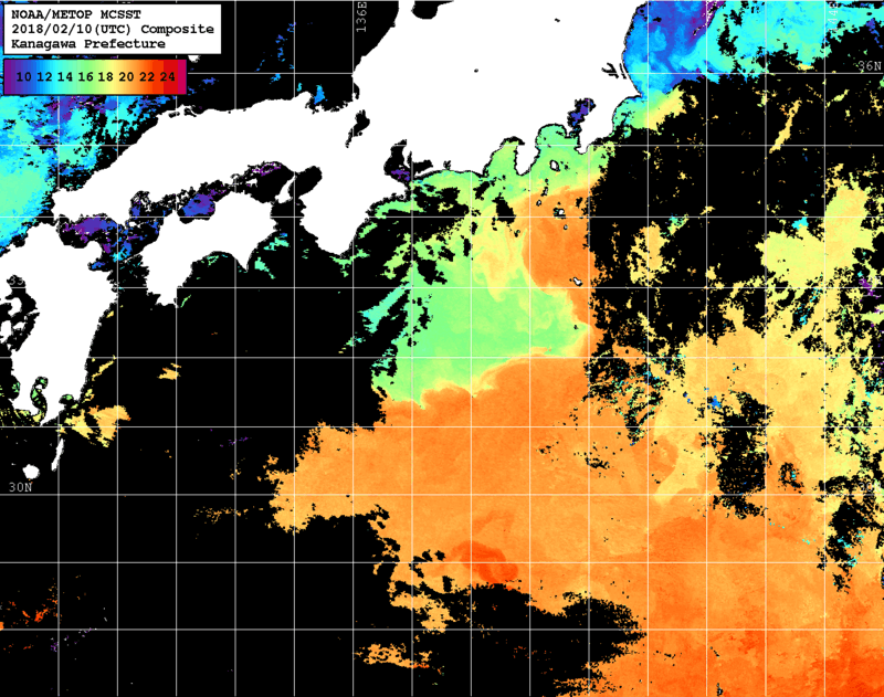 NOAA、MetOp 人工衛星画像 検索結果, 水温分布を図示