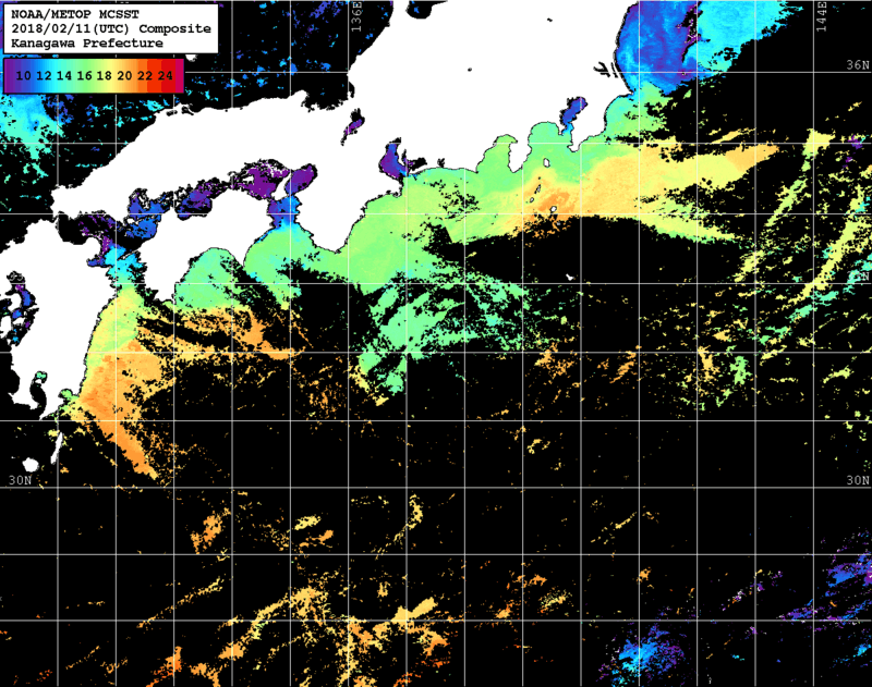 NOAA、MetOp 人工衛星画像 検索結果, 水温分布を図示