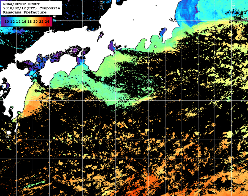 NOAA、MetOp 人工衛星画像 検索結果, 水温分布を図示