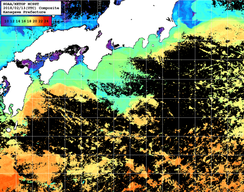 NOAA、MetOp 人工衛星画像 検索結果, 水温分布を図示