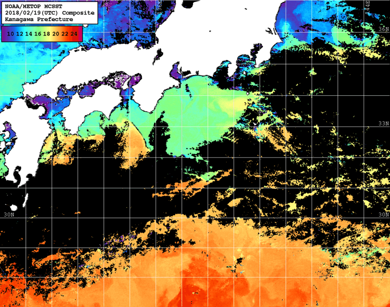 NOAA、MetOp 人工衛星画像 検索結果, 水温分布を図示
