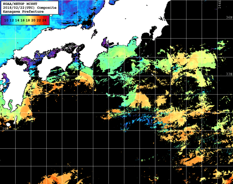NOAA、MetOp 人工衛星画像 検索結果, 水温分布を図示