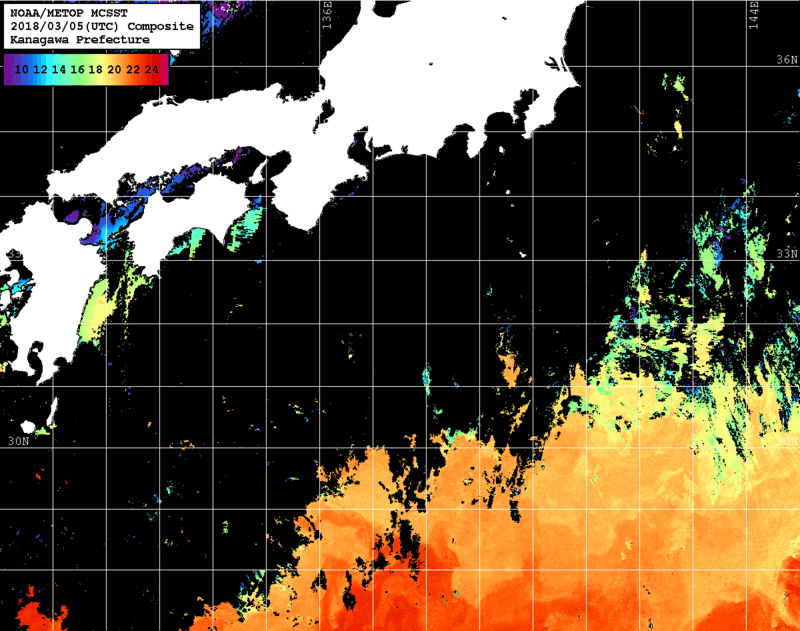 NOAA、MetOp 人工衛星画像 検索結果, 水温分布を図示