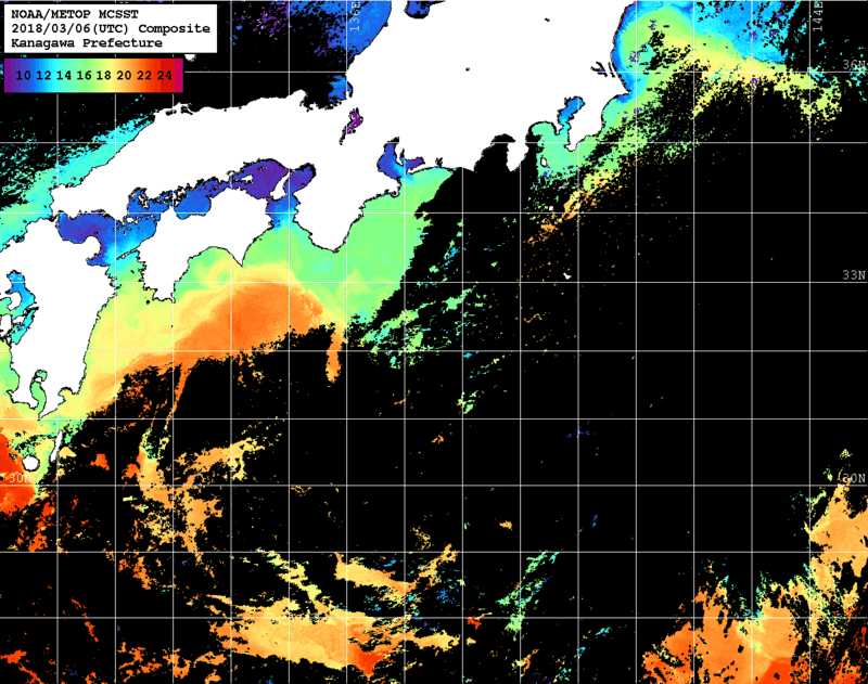 NOAA、MetOp 人工衛星画像 検索結果, 水温分布を図示