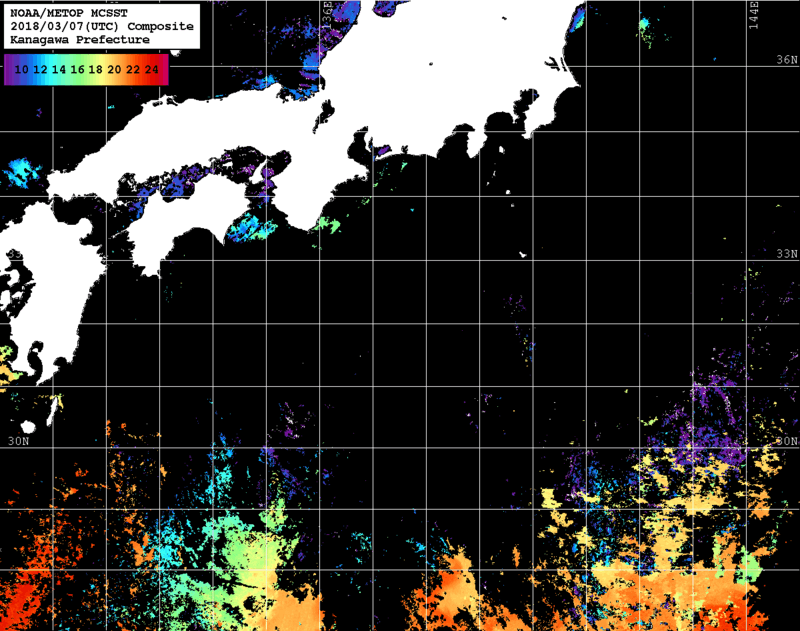 NOAA、MetOp 人工衛星画像 検索結果, 水温分布を図示