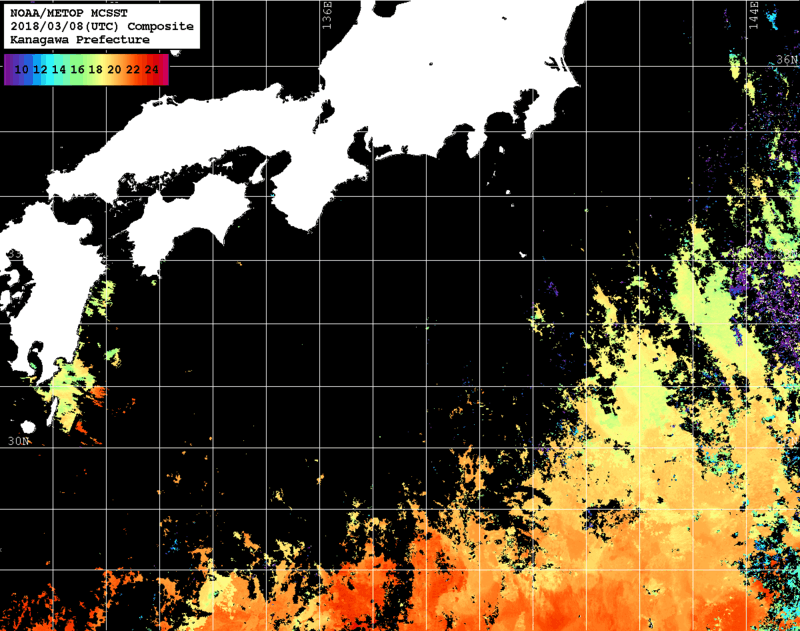 NOAA、MetOp 人工衛星画像 検索結果, 水温分布を図示