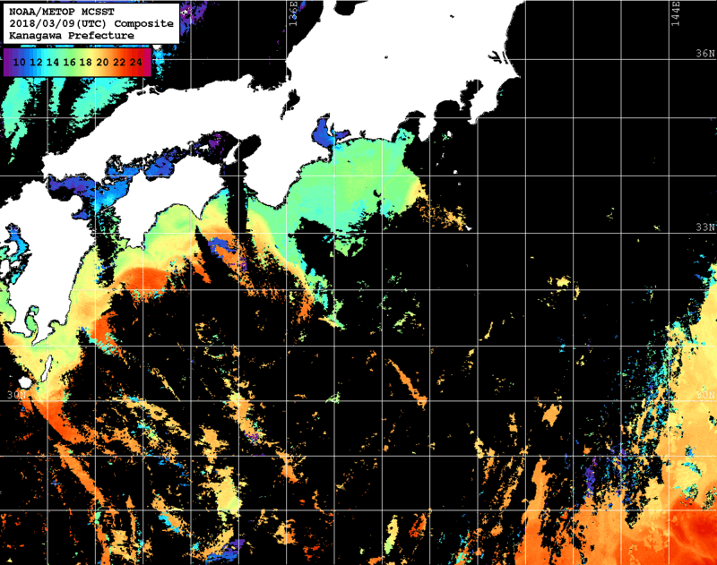 NOAA、MetOp 人工衛星画像 検索結果, 水温分布を図示