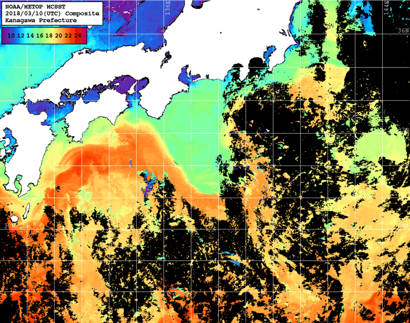 NOAA、MetOp 人工衛星画像 検索結果, 水温分布を図示