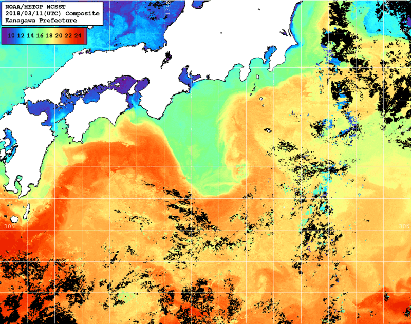 NOAA、MetOp 人工衛星画像 検索結果, 水温分布を図示