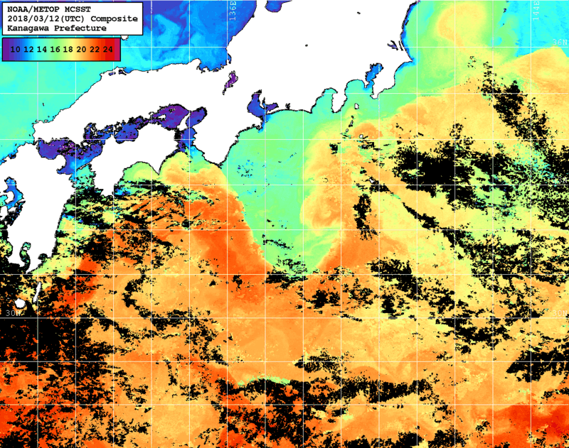 NOAA、MetOp 人工衛星画像 検索結果, 水温分布を図示
