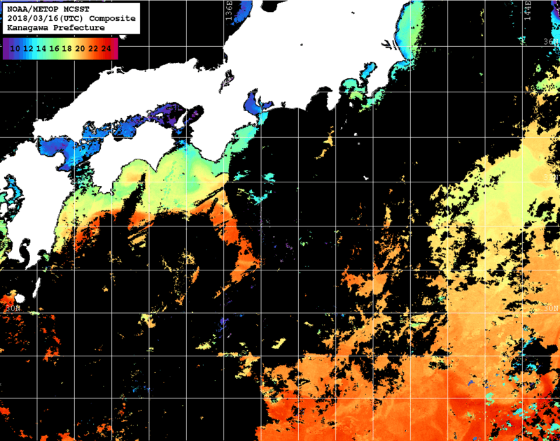 NOAA、MetOp 人工衛星画像 検索結果, 水温分布を図示