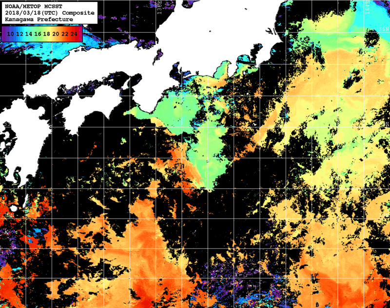 NOAA、MetOp 人工衛星画像 検索結果, 水温分布を図示