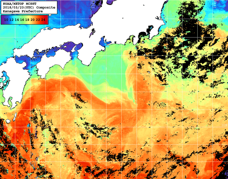 NOAA、MetOp 人工衛星画像 検索結果, 水温分布を図示