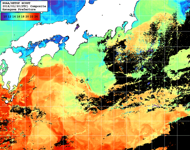 NOAA、MetOp 人工衛星画像 検索結果, 水温分布を図示