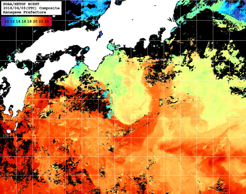NOAA、MetOp 人工衛星画像 検索結果, 水温分布を図示