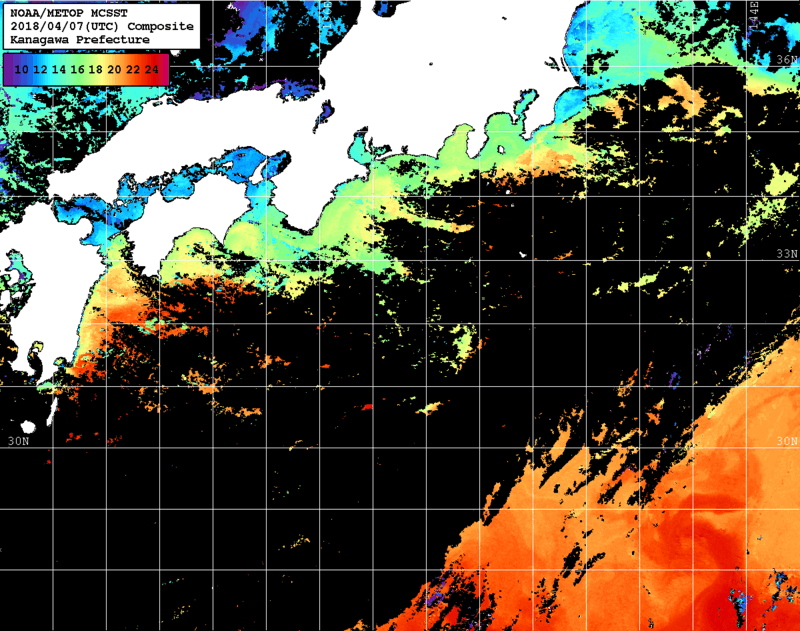NOAA、MetOp 人工衛星画像 検索結果, 水温分布を図示