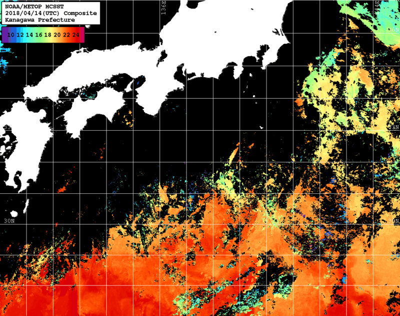 NOAA、MetOp 人工衛星画像 検索結果, 水温分布を図示