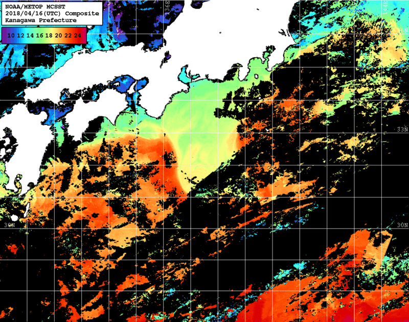 NOAA、MetOp 人工衛星画像 検索結果, 水温分布を図示