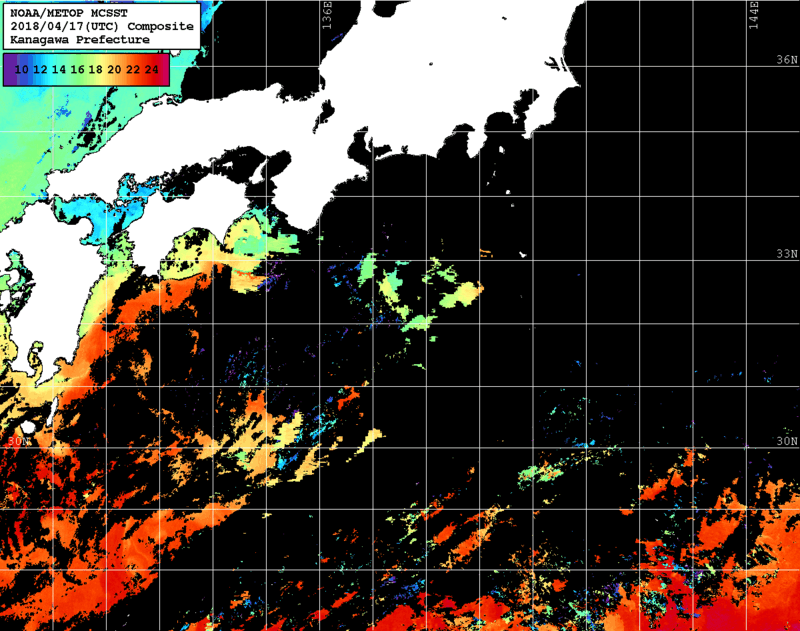 NOAA、MetOp 人工衛星画像 検索結果, 水温分布を図示