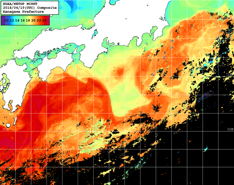NOAA、MetOp 人工衛星画像 検索結果, 水温分布を図示