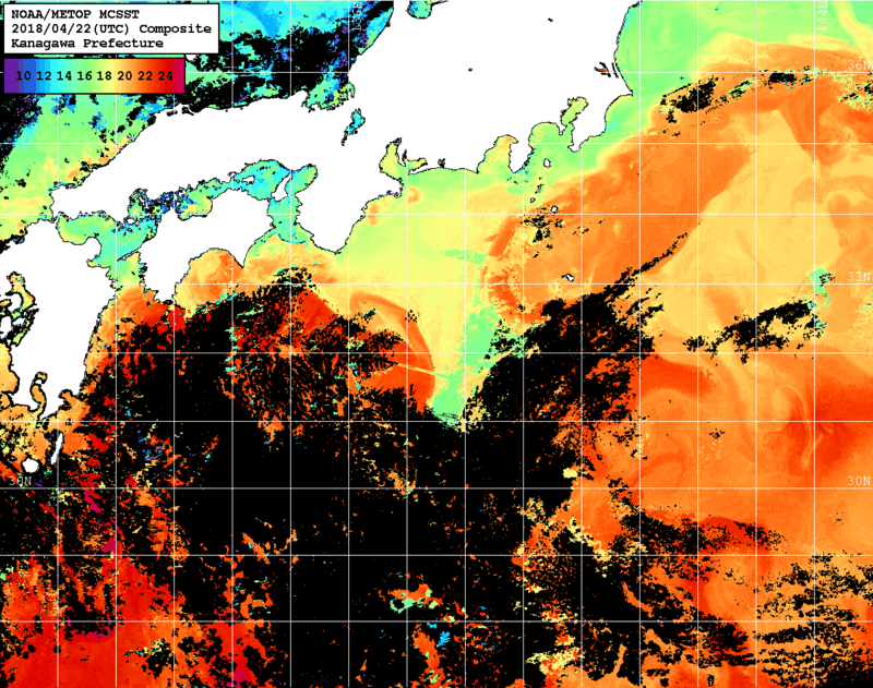NOAA、MetOp 人工衛星画像 検索結果, 水温分布を図示