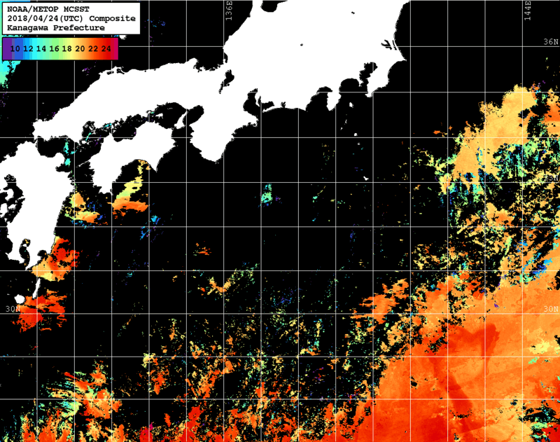 NOAA、MetOp 人工衛星画像 検索結果, 水温分布を図示
