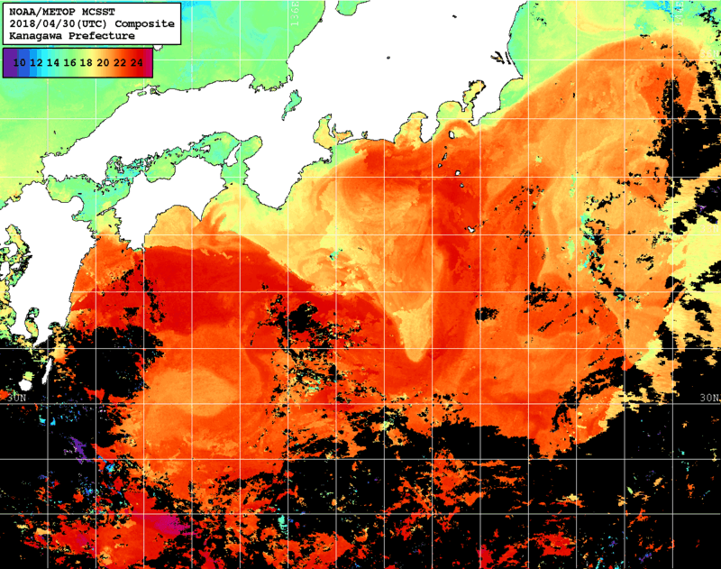 NOAA、MetOp 人工衛星画像 検索結果, 水温分布を図示