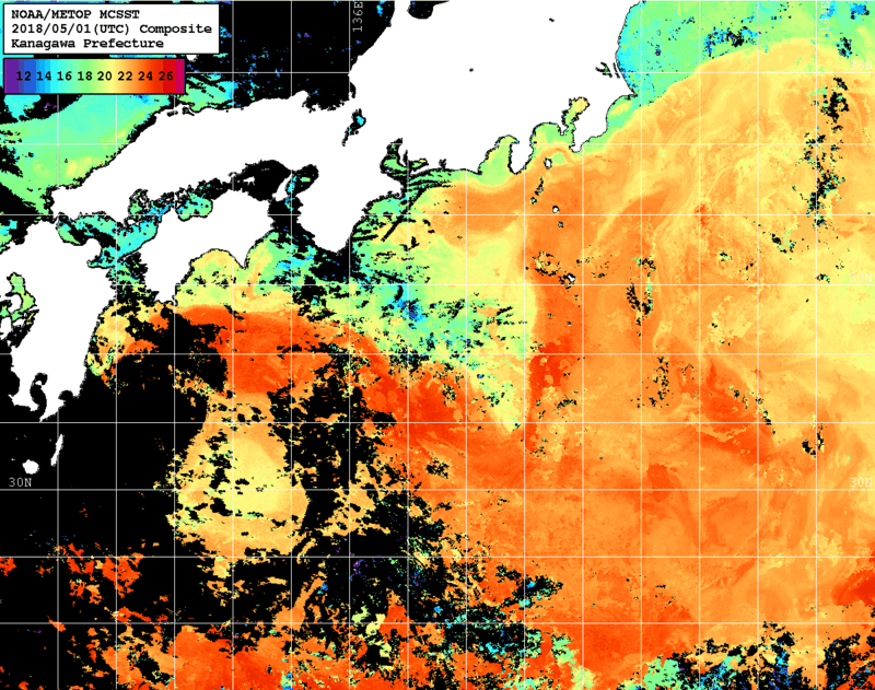 NOAA、MetOp 人工衛星画像 検索結果, 水温分布を図示
