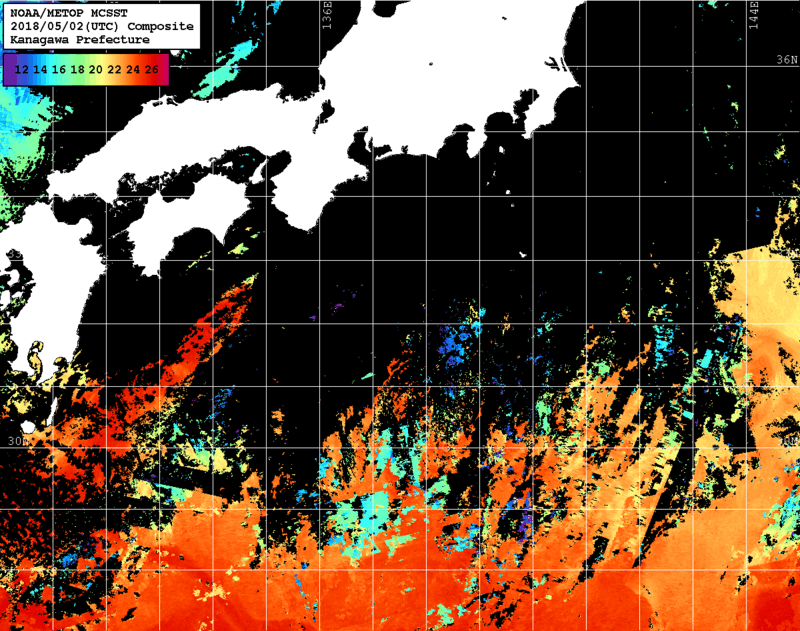 NOAA、MetOp 人工衛星画像 検索結果, 水温分布を図示