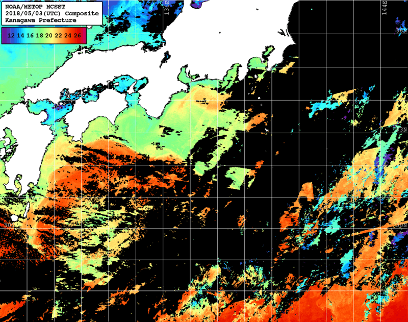 NOAA、MetOp 人工衛星画像 検索結果, 水温分布を図示