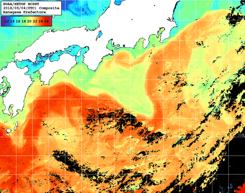 NOAA、MetOp 人工衛星画像 検索結果, 水温分布を図示