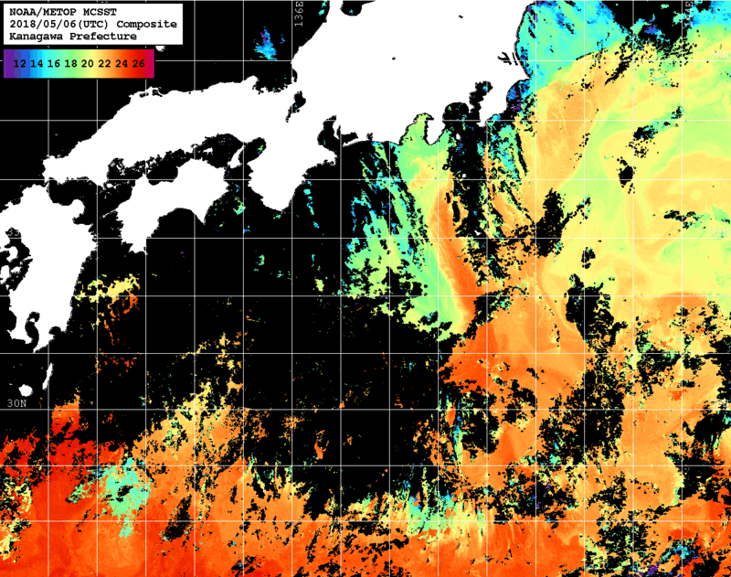 NOAA、MetOp 人工衛星画像 検索結果, 水温分布を図示
