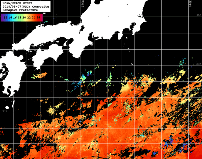 NOAA、MetOp 人工衛星画像 検索結果, 水温分布を図示