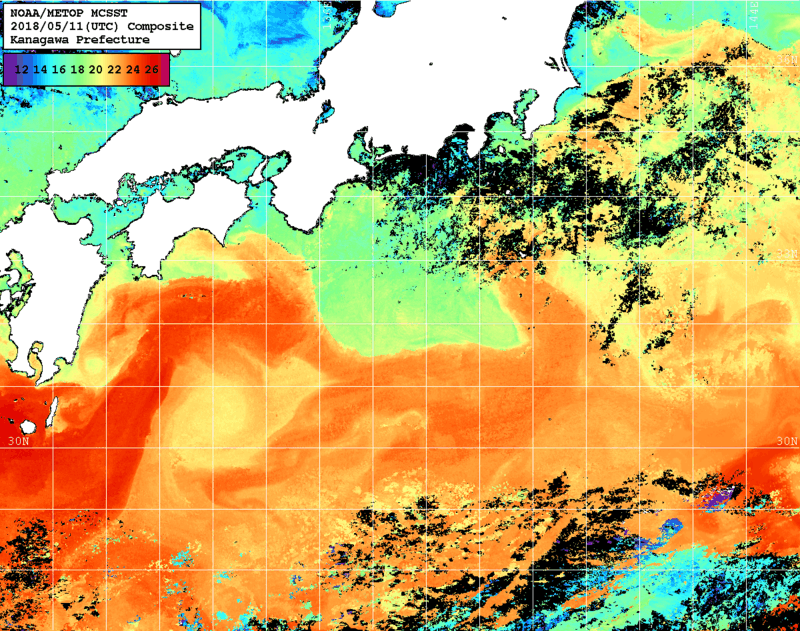 NOAA、MetOp 人工衛星画像 検索結果, 水温分布を図示